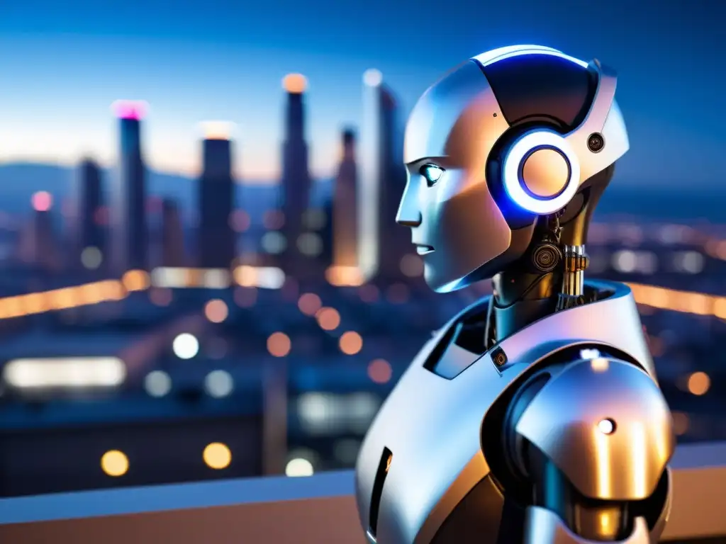 Un robot humanoide contemplativo destaca en el futurista paisaje urbano, ilustrando la conciencia en la IA ética
