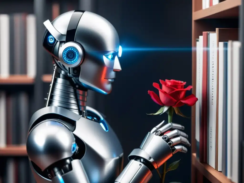 Robot humanoide contemplativo con ojos azules brillantes sosteniendo una rosa roja en habitación llena de libros y equipo científico