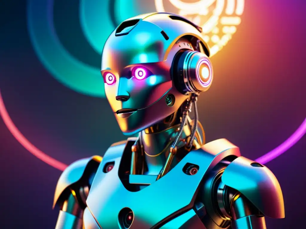Un robot humanoide reflexiona sobre la moralidad de la IA en un mundo futurista de códigos y circuitos brillantes