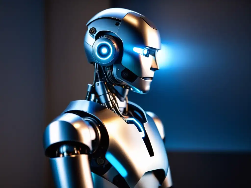Un robot humanoide reflexiona en la penumbra, con ojos iluminados por luz azul, evocando la conciencia en la era de la inteligencia artificial