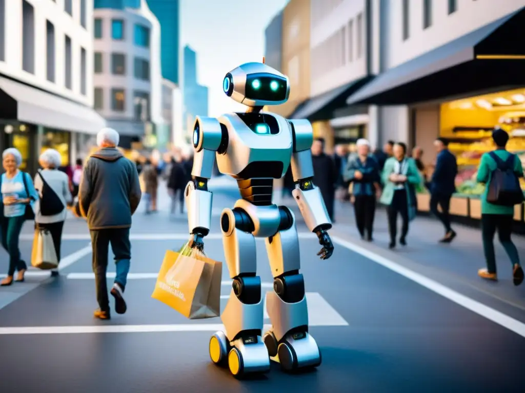 Un robot interactúa con personas en una concurrida calle de la ciudad, mostrando empatía al ayudar a un anciano