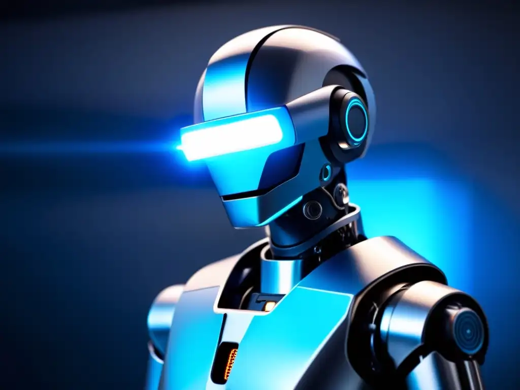Un robot con ojos azules intensos iluminados en una habitación tenue, desafiando normas morales con su diseño avanzado