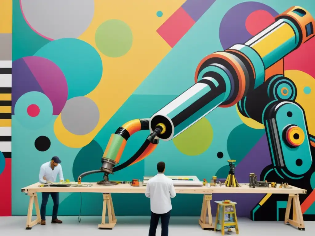 Robótico brazo pintor crea mural abstracto vibrante, rodeado de equipo