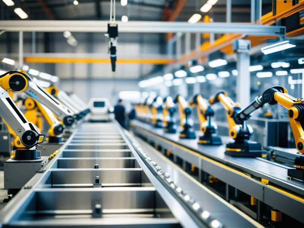 Robots y humanos trabajando juntos en una moderna línea de producción, destacando el impacto de la robótica en el empleo