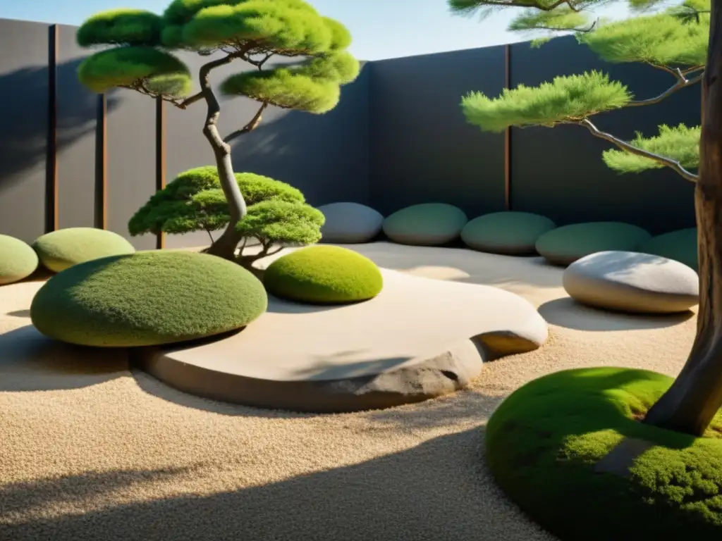 Un jardín de rocas japonés sereno, con grava cuidadosamente rastrillada y rocas colocadas, rodeado de exuberante vegetación y luz solar filtrada