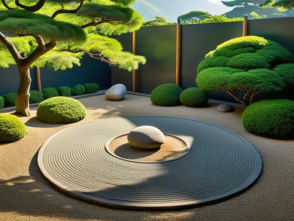 Jardín de rocas japonés tranquilo, con círculos de grava y árboles podados, reflejando el arte de vivir minimalismo zen