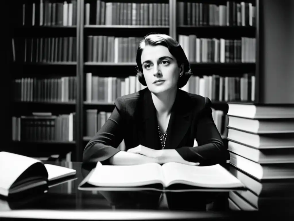 Ayn Rand, rodeada de libros y papeles, con expresión pensativa