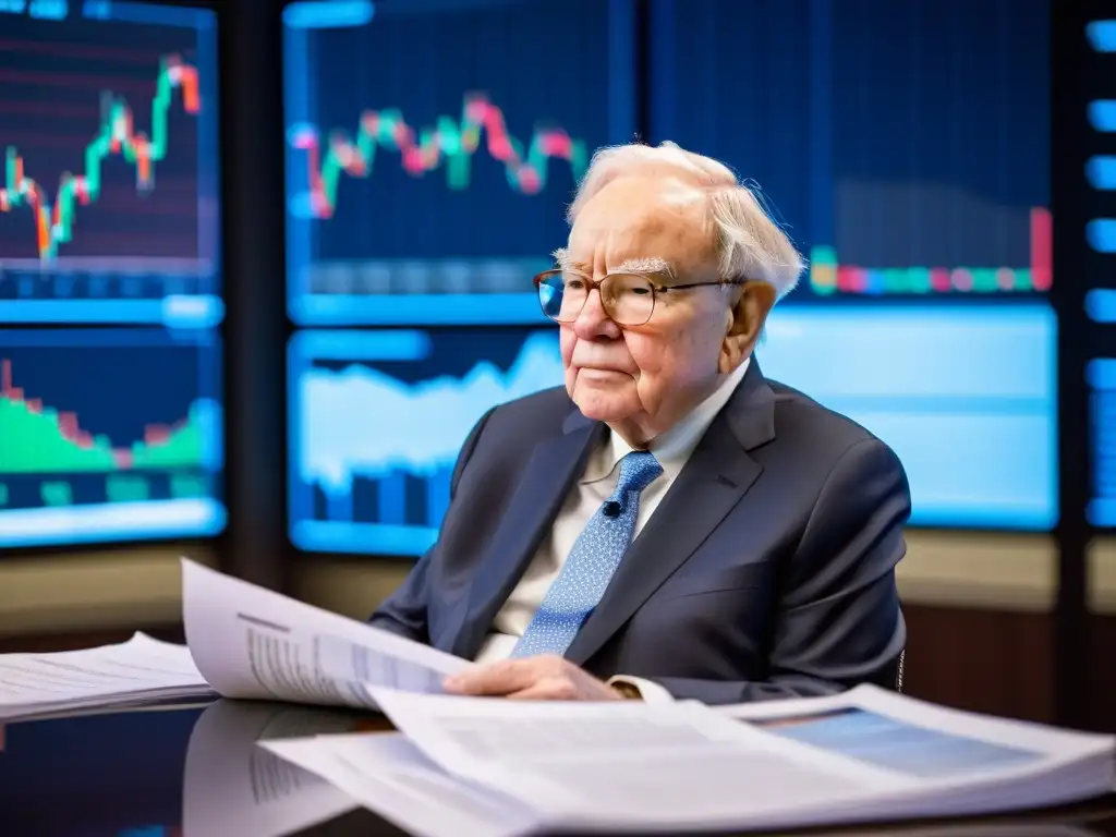 Warren Buffett reflexiona rodeado de informes financieros y gráficos bursátiles, transmitiendo sabiduría y la filosofía de inversión a largo plazo