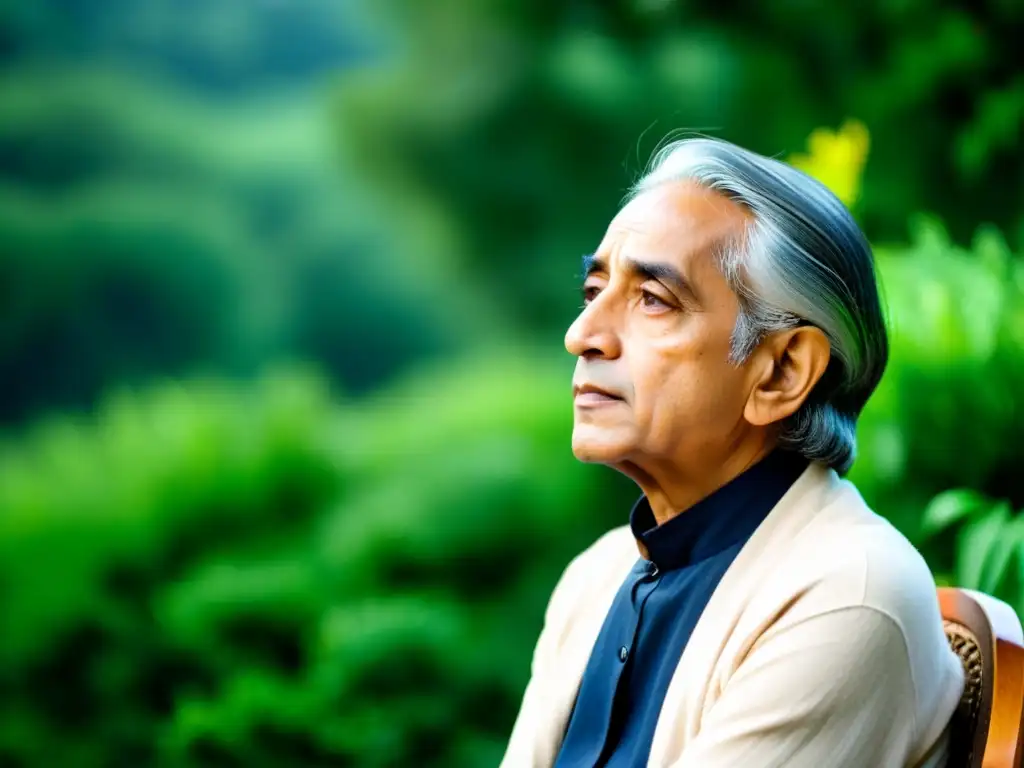 Jiddu Krishnamurti en profunda contemplación, rodeado de naturaleza serena, transmite la esencia de su filosofía de liderazgo consciente