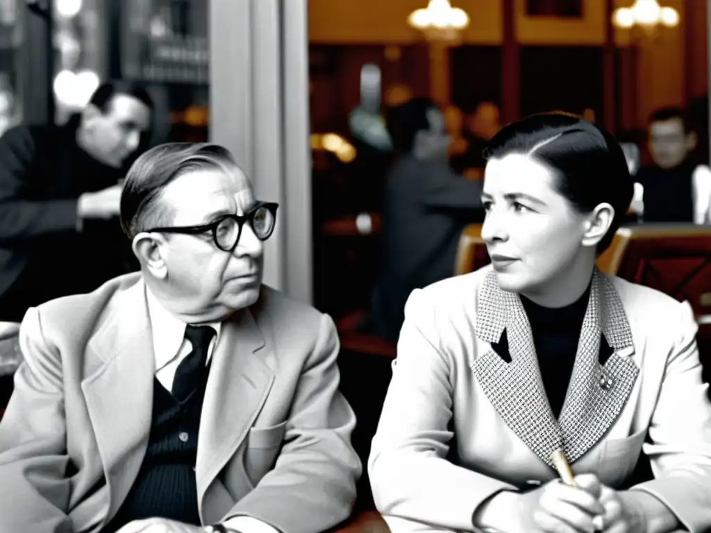 Romance filosófico: Sartre y Beauvoir inmersos en profunda conversación en un café parisino, reflejando su conexión existencialista