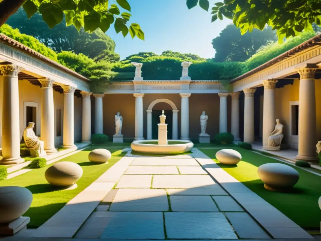 Courtyard romano con estatuas de mármol, piscina reflectante y filosofía estoica en la antigua Roma