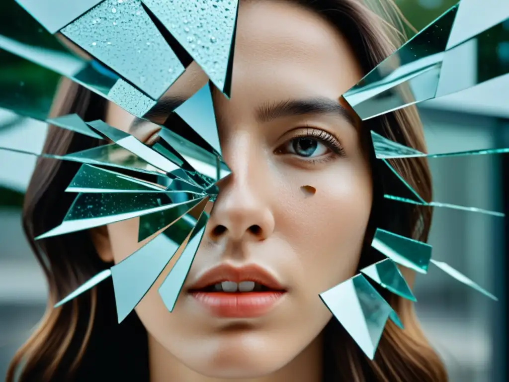 Rostro reflejado en un espejo roto, capturando la identidad en un mundo fragmentado de la psicología postmoderna