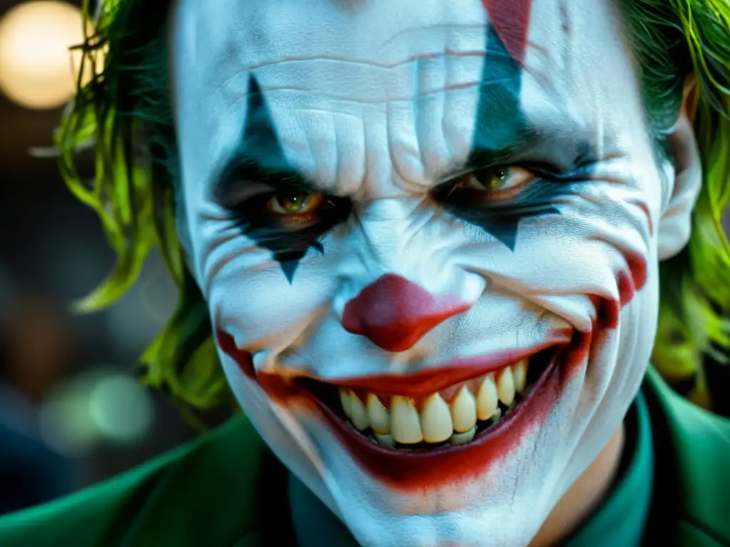 El rostro del Joker, con su sonrisa maníaca y ojos caóticos, detallados y perturbadores, evocando la relación entre poder y moralidad