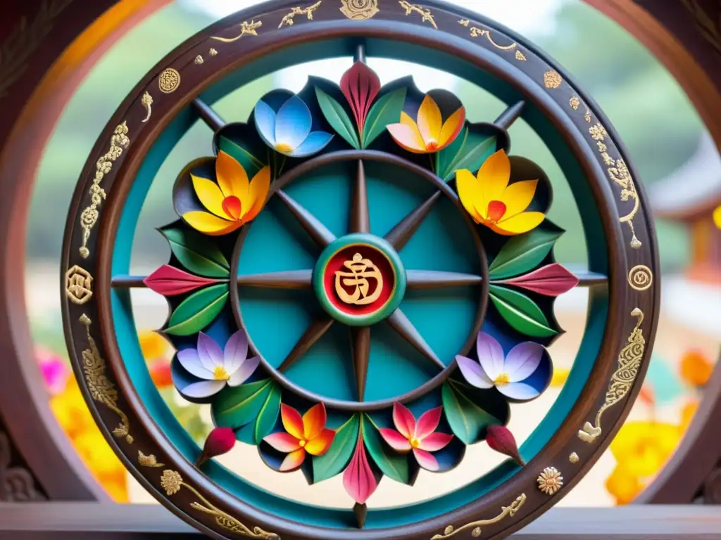 Rueda del Dharma tallada con simbolismo y enseñanzas en madera, rodeada de ofrendas y luz suave