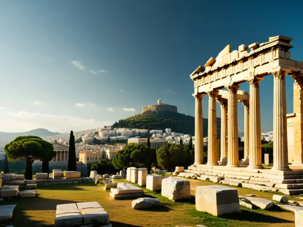 Ruinas de la Academia de Atenas, detalle arquitectónico bajo suave luz, evoca la vida de Platón y la exploración filosófica