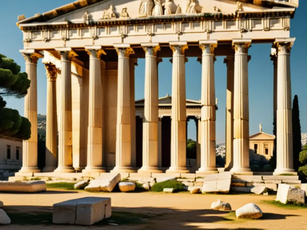 Ruinas de la Academia de Atenas, con detalles arquitectónicos y luz natural, evocando la vida de Platón y la exploración filosófica