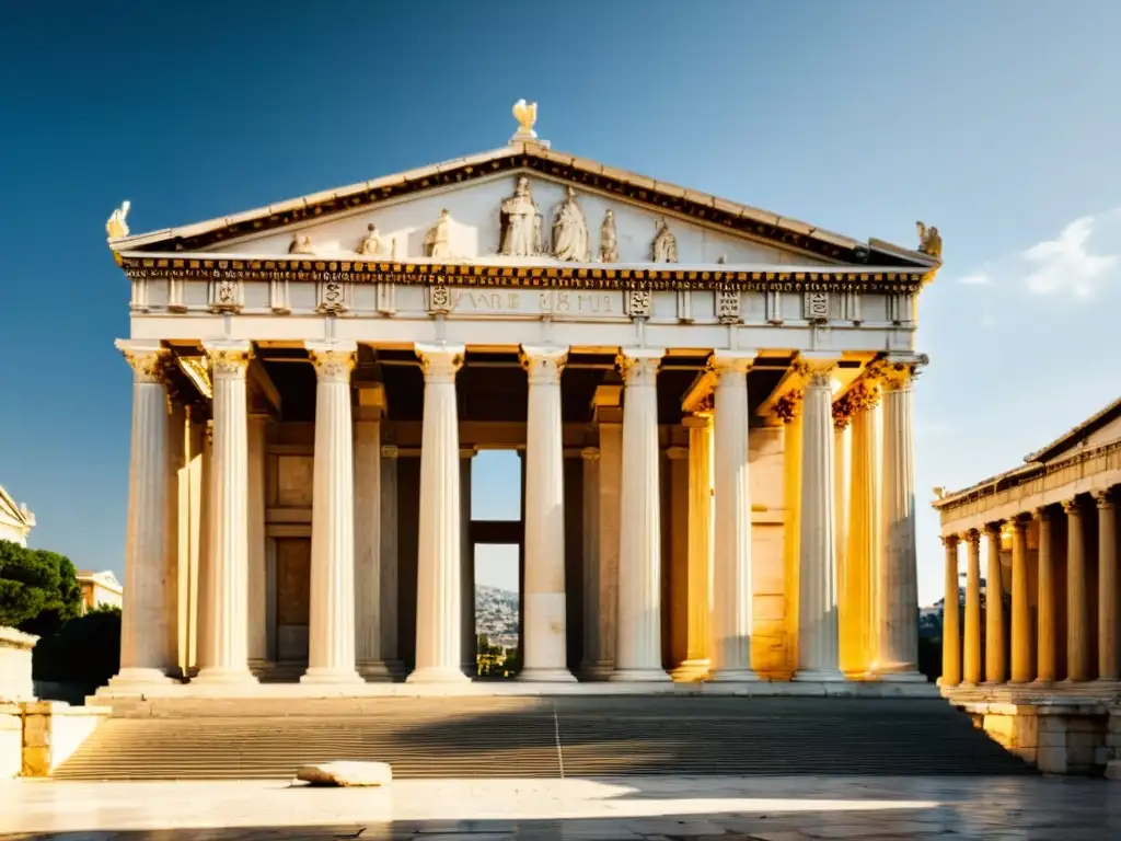 Ruinas ancestrales de la Academia de Atenas, con columnas de mármol y arcos, evocando sabiduría en las rutas filosóficas antiguas de Grecia