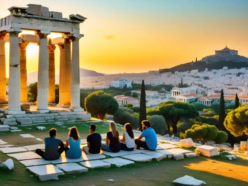 Ruinas de la antigua Ágora en Atenas con Sócrates y sus estudiantes, en la luz dorada del atardecer, mostrando lugares clave del pensamiento socrático