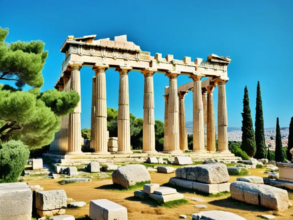 Ruinas de la antigua ágora en Atenas, con el Templo de Hefesto destacando contra el cielo azul