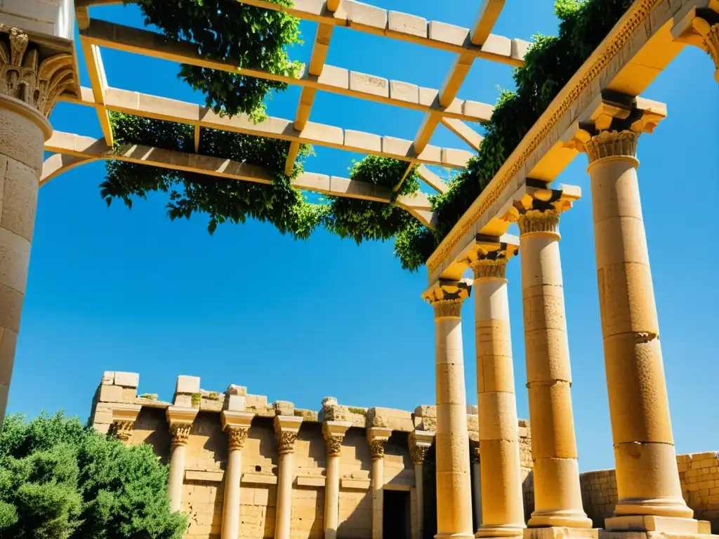 Ruinas de la antigua Biblioteca de Alejandría bañadas por la cálida luz del sol, evocando la filosofía helenística del Mediterráneo antiguo
