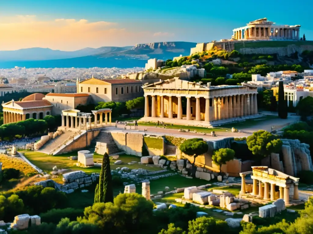 Ruinas de la antigua ciudad griega de Atenas con el Partenón al fondo, evocando los orígenes de la filosofía y la ciencia en la Antigua Grecia