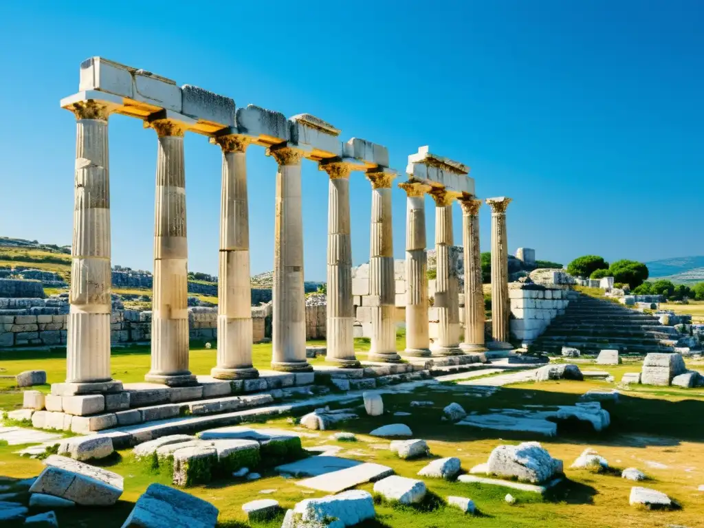 Ruinas de la antigua ciudad griega de Mileto, con pilares de piedra y fragmentos de arquitectura, contra un cielo azul