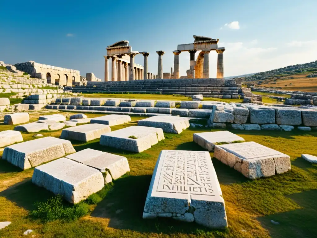 Ruinas de la antigua ciudad griega de Mileto, evocando los Orígenes del Pensamiento Racional con sus detalles arquitectónicos y atmósfera histórica