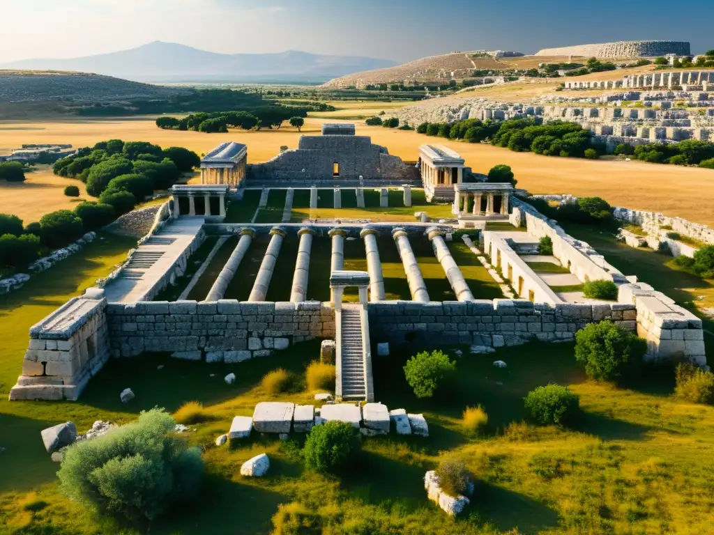 Ruinas de la antigua ciudad griega de Mileto, con detalles arquitectónicos y paisaje que evocan los Orígenes del Pensamiento Racional