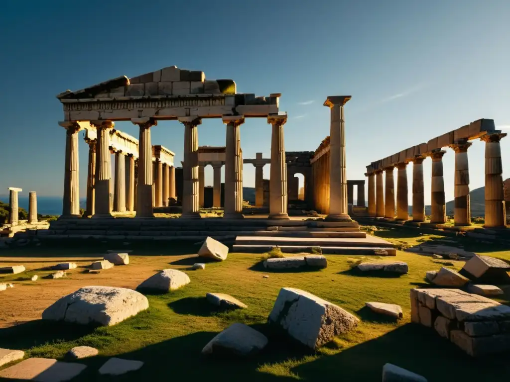 Ruinas de la antigua Academia de Platón, con detalles arquitectónicos e iluminación dramática que evocan misterio y reflexión