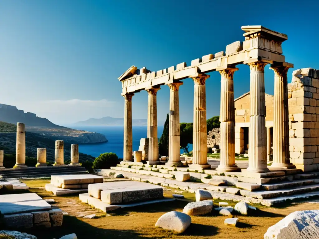 Ruinas de una antigua escuela filosófica griega, evocando la atmósfera histórica de la filosofía helenística y el ascetismo jainista