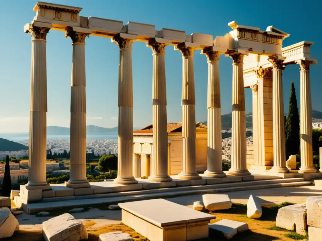 Ruinas de la antigua escuela filosófica griega en Atenas, con detalles arquitectónicos y paisaje