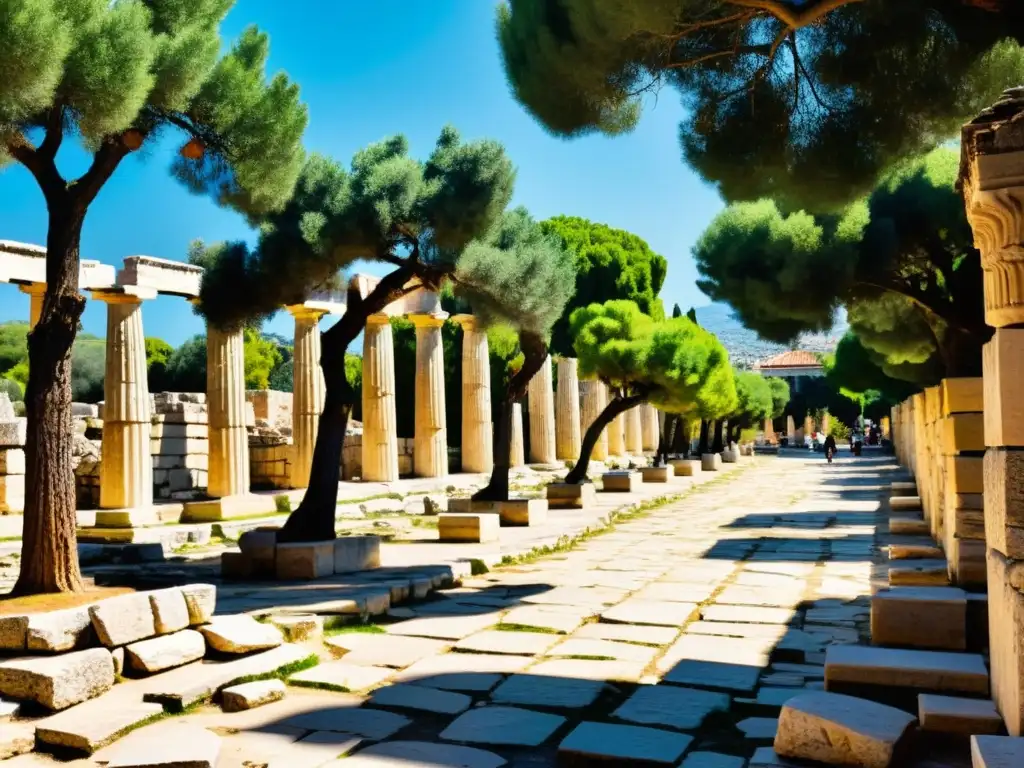 Ruinas de la antigua Ágora en Atenas, Grecia, transmiten filosofía estoica y resiliencia entre visitantes y columnas de mármol