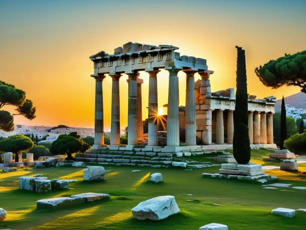 Ruinas de la antigua ágora griega al atardecer, resaltando el poder de la palabra en Grecia entre columnas y detalles arquitectónicos de mármol