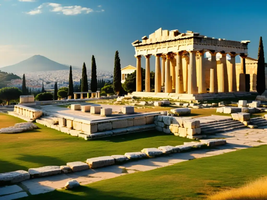 Ruinas de la antigua Academia griega en Atenas, con detalles arquitectónicos y paisaje