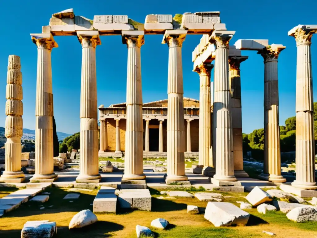 Ruinas de la antigua ágora griega con columnas y figuras en vestimenta de la época, representando el contraste entre vida contemplativa y activa