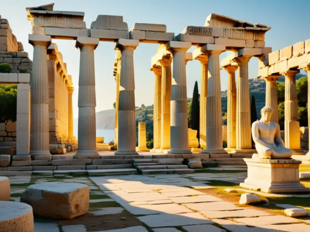 Ruinas de una antigua ágora griega, con columnas y estatuas en tonos sepia, evocando las raíces filosóficas de la cognición y la historia profunda