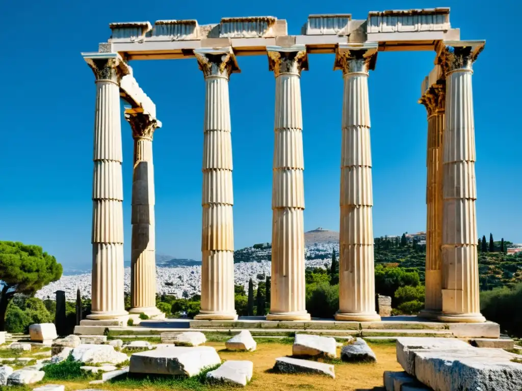 Ruinas de la antigua Ágora en Atenas, Grecia, con las majestuosas columnas de la Stoa de Átalo destacándose contra el cielo azul