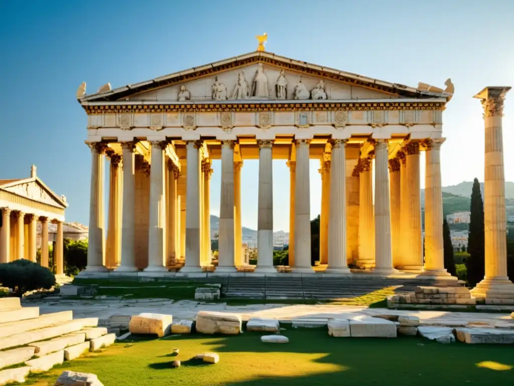 Ruinas antiguas de la Academia de Atenas bañadas en luz cálida, simbolizando peregrinaciones filosóficas en la Grecia moderna