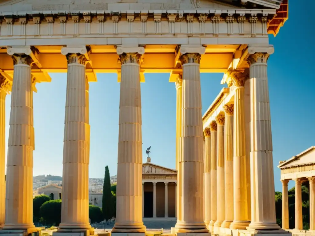 Ruinas antiguas de la Academia de Atenas, con detalles arquitectónicos y columnas bañadas en luz dorada, evocando la grandeza de la filosofía griega