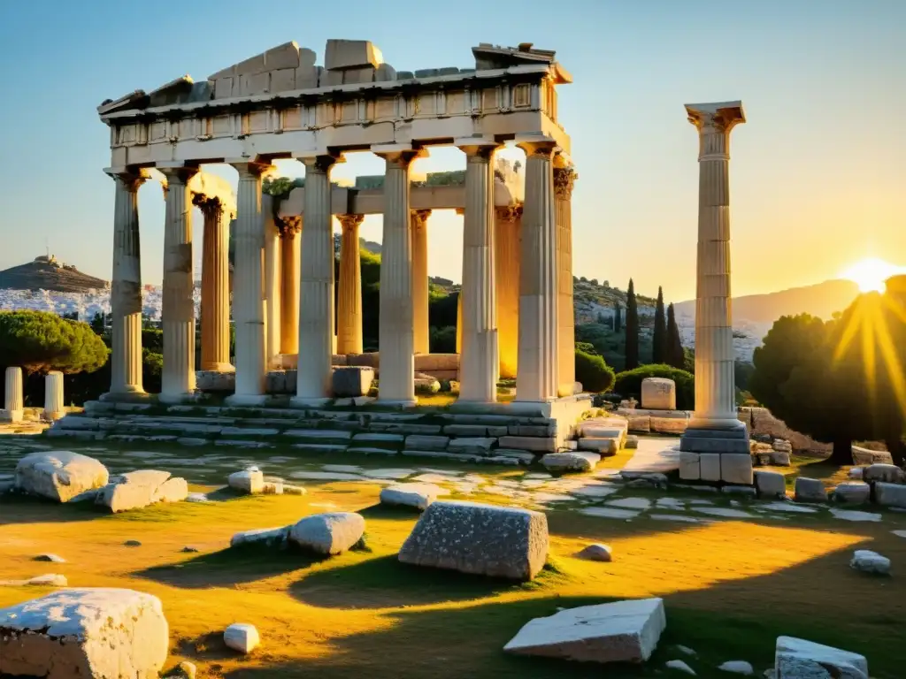 Ruinas antiguas de la Ágora ateniense, bañadas en luz dorada, evocando la historia de la filosofía occidental
