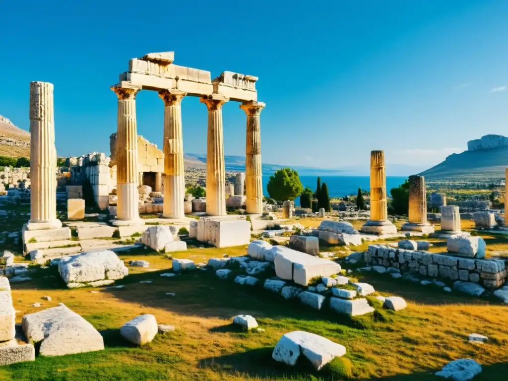 Ruinas antiguas de Corinto bañadas en cálida luz dorada, evocando la atemporalidad y el legado de la filosofía cínica