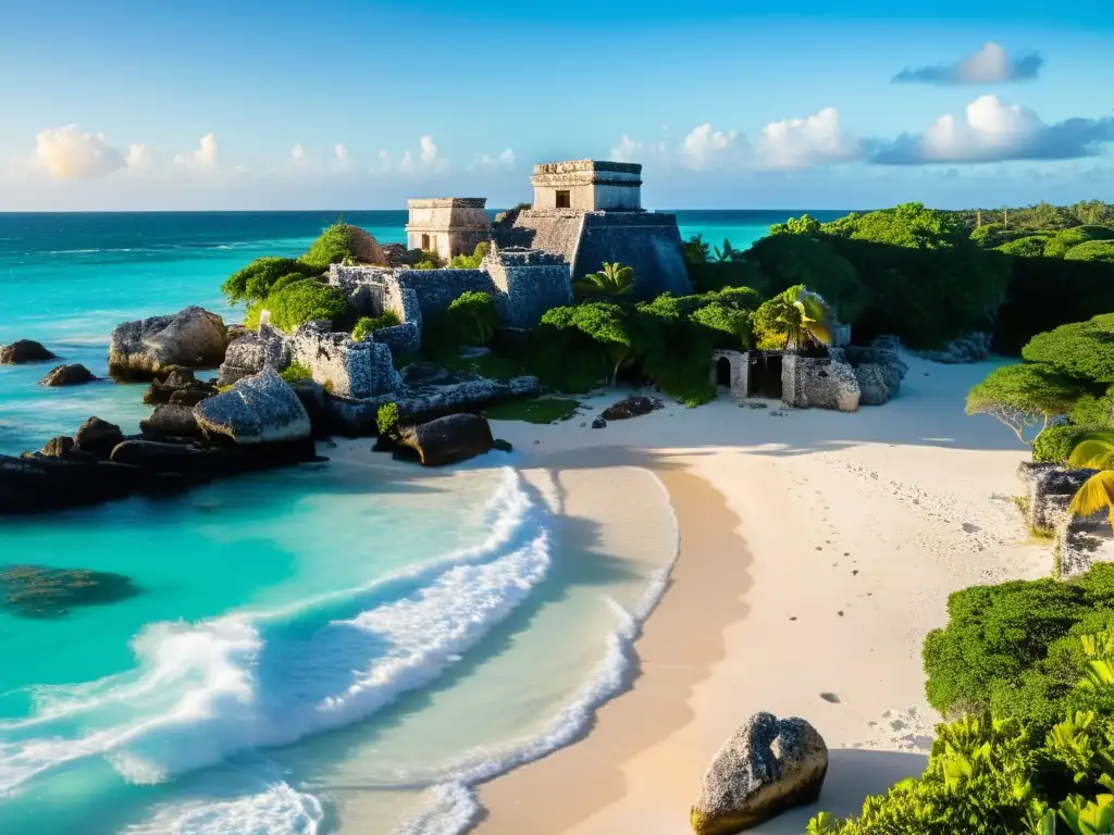 Ruinas antiguas de Tulum, México, bañadas por una hermosa puesta de sol caribeña