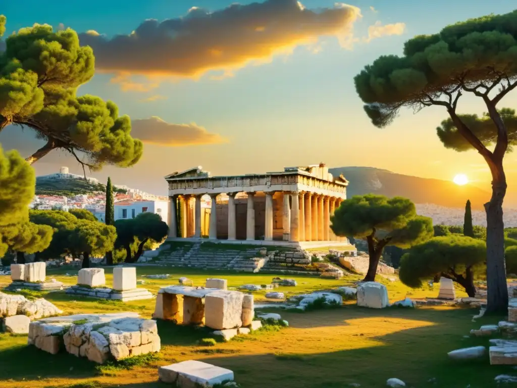 Ruinas antiguas del Liceo en Atenas al atardecer, evocando la excelencia personal con Aristóteles