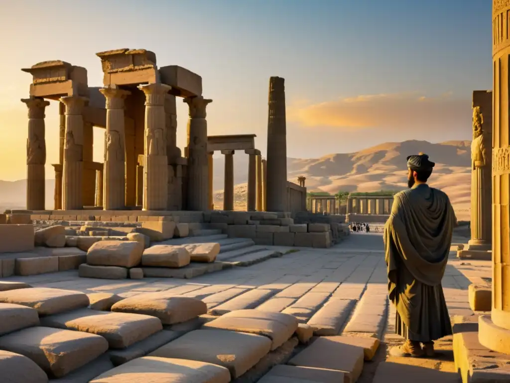 Ruinas antiguas de Persepolis con esculturas detalladas y columnas, revelando la filosofía milenaria de Zarathustra en la cálida luz del atardecer