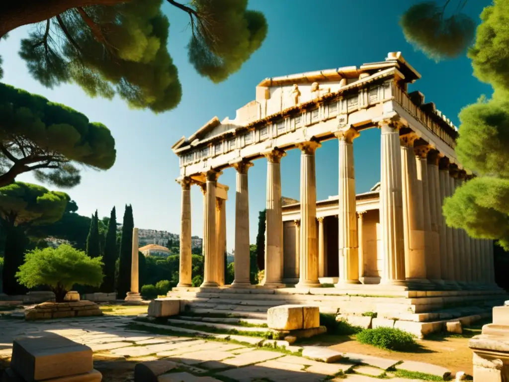 Ruinas del antiguo Academia de Atenas, con columnas y follaje, evocando la vida de Platón y la exploración filosófica