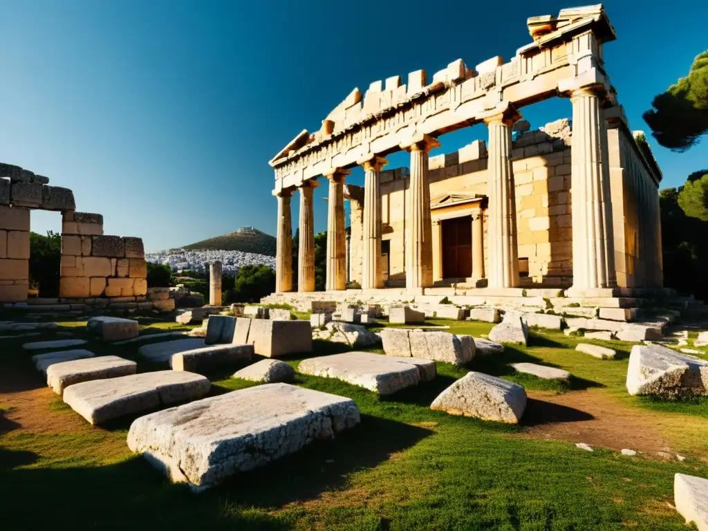 Ruinas del antiguo Liceo de Aristóteles en Atenas, con sombras dramáticas y un ambiente contemplativo, ideal para un viaje filosófico por Atenas
