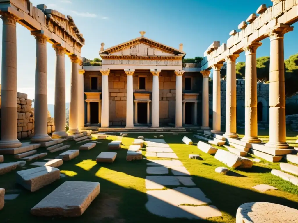 Ruinas del antiguo Liceo de Aristóteles en 8k, con columnas y sombras detalladas
