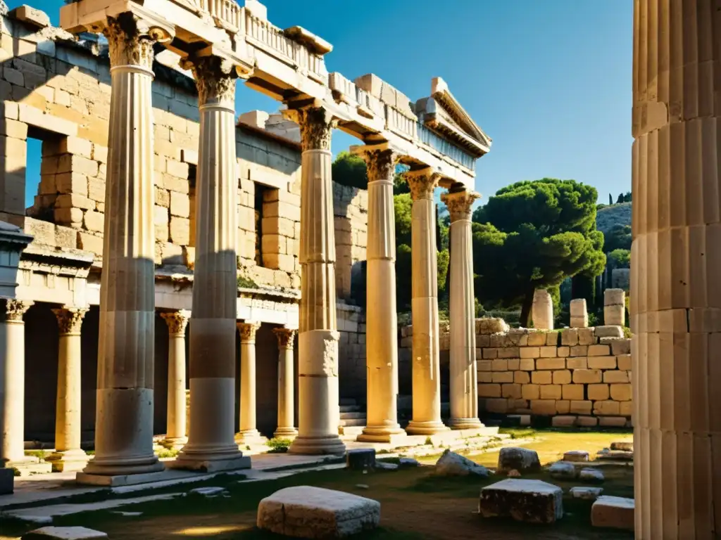 Ruinas del antiguo Liceo en Atenas, donde Aristóteles enseñó Ética según Aristóteles, con columnas de piedra y figuras contemporáneas
