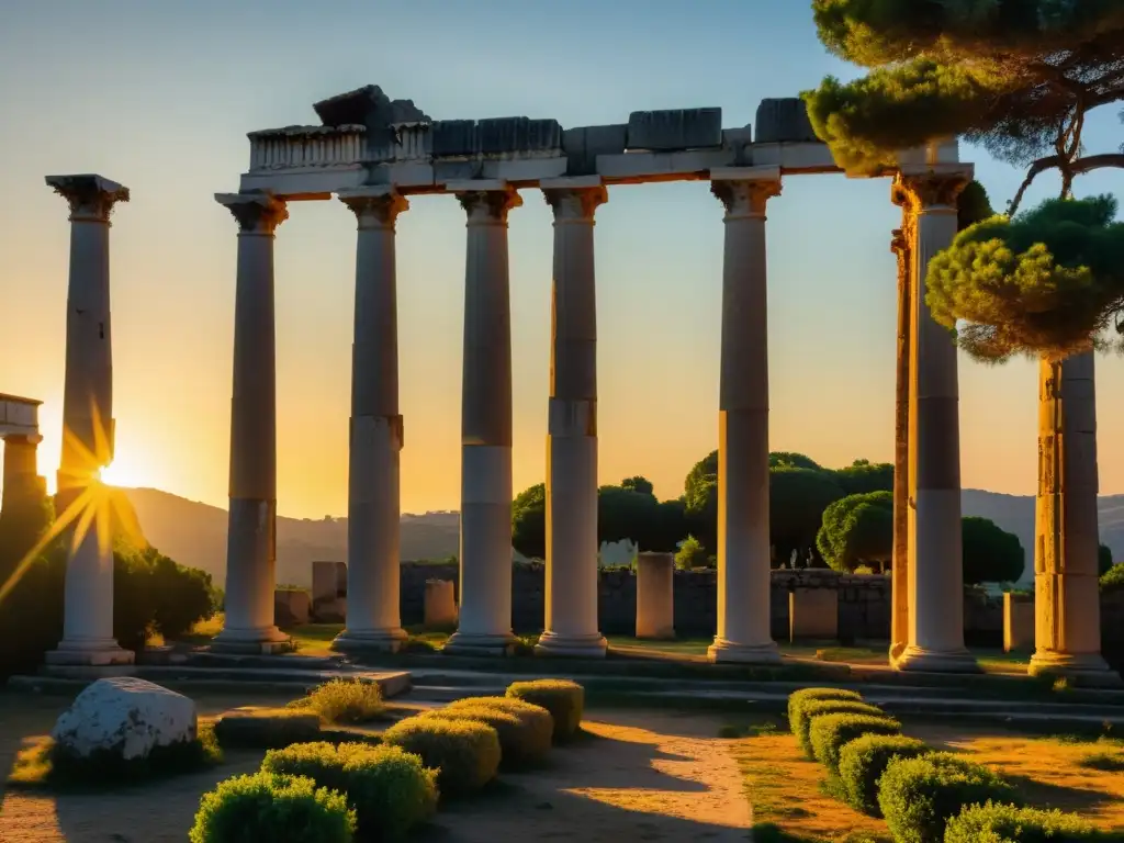 Ruinas de la Academia de Platón al atardecer, con detalles arquitectónicos y juego de luces y sombras