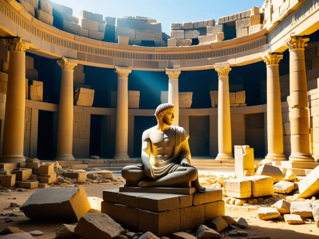 Ruinas de la Biblioteca de Alejandría con rollos antiguos, arquitectura de piedra y estatua de filósofo